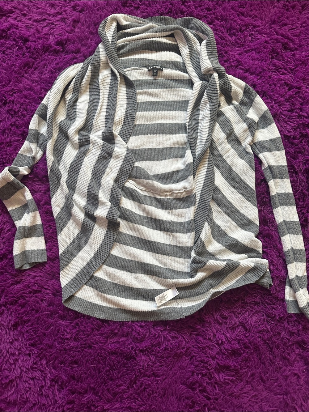 Express Gray and Cream Striped Hooded Open-Front Sweater